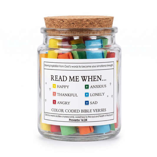 Scripture Jar with cork stopper and 90 colour-coded verse slips