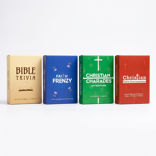 Bible Trivia, Faith Frenzy, Christian Charades and Christian Table Conversations boxes